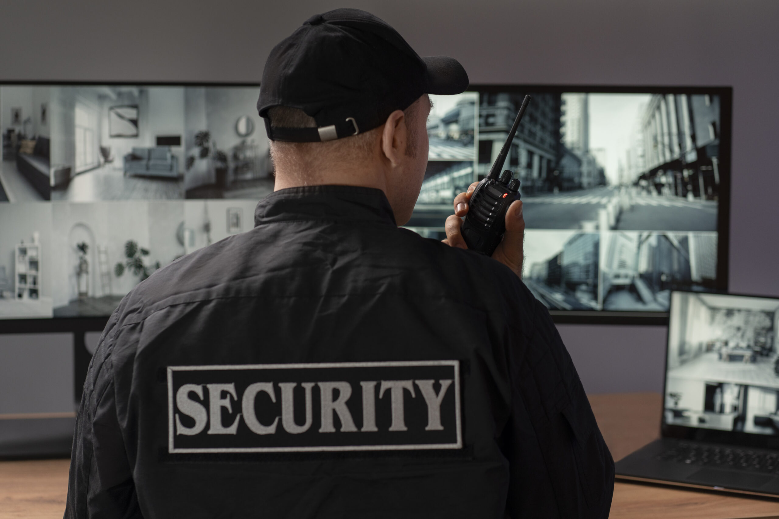 portrait-male-security-guard-with-radio-station-camera-screens portrait-male-security-guard-with-radio-station-camera-screens